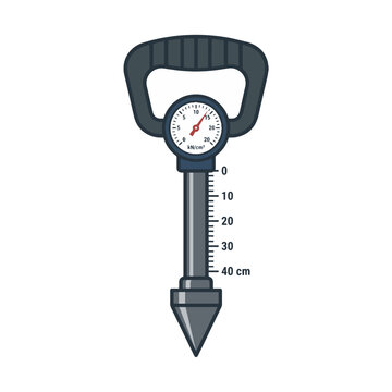 Illustration of a soil penetrometer featuring a handle, a pressure gauge (kN/cm&sup2;), a depth scale (0-40 cm), and a conical tip, used for measuring soil compaction.