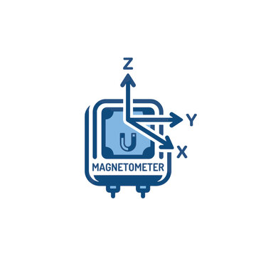 Blue icon of a magnetometer sensor with a horseshoe magnet symbol, featuring an overlaid XYZ coordinate system representing its directional measurement capabilities.