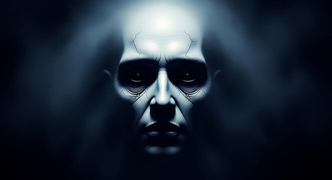 Ominous dark entity staring from shadows, a digital art concept of a mysterious and eerie creature