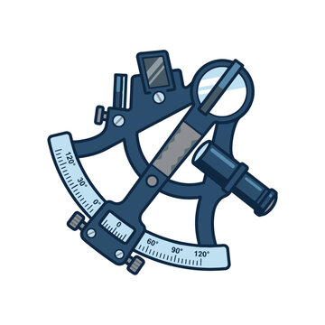 A blue sextant with a detailed arc, eyepiece, and mirror, isolated on a white background.