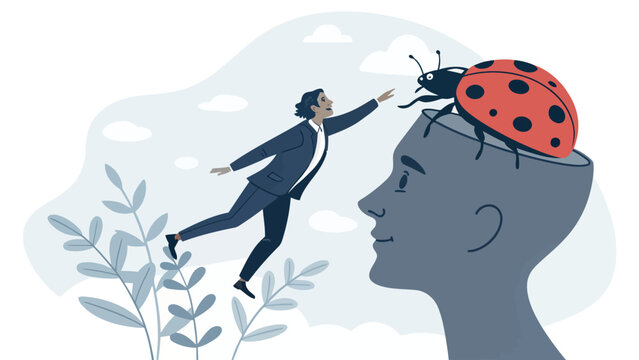A man in a business suit is reaching for a ladybug on top of a giant human head with a plant growing nearby