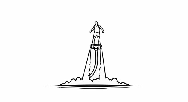 A person stands on a jetpack, soaring upwards with water propulsion
