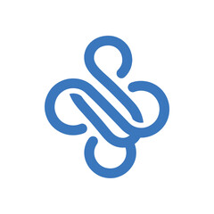Fototapeta premium A blue abstract logo on a white background, featuring intertwined lines that form a symmetrical, decorative shape resembling an 'S' or a four-leaf clover design.