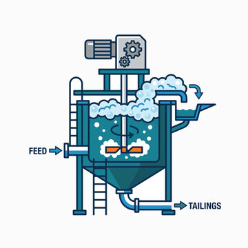 Illustration of a flotation cell for mineral processing. Feed enters, is agitated and aerated, creating a foam layer that overflows for collection, while tailings discharge from the bottom.