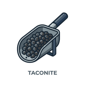 Isometric illustration of a gray scoop full of dark taconite pellets, with TACONITE text below.