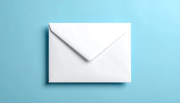 Overhead shot of a white envelope, sealed, placed centrally against a vibrant, solid blue background. Crisp, clean lines