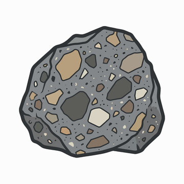 An illustration of a grey rock with many embedded, multi-colored fragments of various sizes, suggestive of a conglomerate or breccia in a cartoon style.