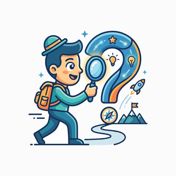 A cartoon boy with a backpack and hat uses a magnifying glass to explore a large question mark filled with ideas. A path leads to mountains, a compass, and a rocket, symbolizing inquiry, dis
