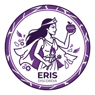 Purple logo of Eris (Discordia), goddess of strife, holding a Kallisti golden apple and torch. Gears, wings, and fractured elements complete the circular design.