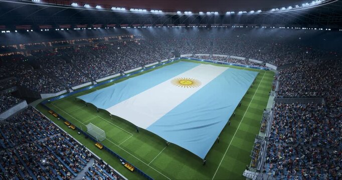 Professional Stadium With Soccer Game Championship With Flag of Argentina Spread Across Pitch Before Football Match Start. Cheering Crowds of Fans Surround the Arena. Aerial Static Wide Shot
