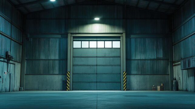 Concrete wall interior of a large empty factory storage facility, featuring a closed industrial roller door under a single overhead light, creating a stark, expansive, and functional space