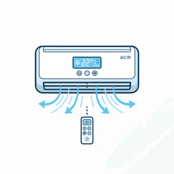 An illustration of a modern wall-mounted air conditioner with a remote control, showing cool air being distributed.