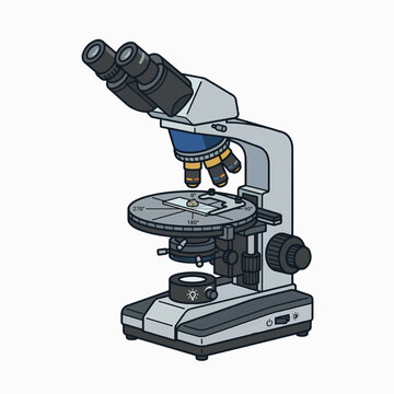 A cartoon-style illustration of a compound microscope with a specimen slide on the stage. It has multiple objectives and eyepieces.