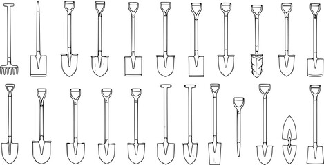 Detailed collection of various garden and construction shovels, spades, a rake, and a post-hole digger in a monochrome hand-drawn line art illustration. © torabutterfly
