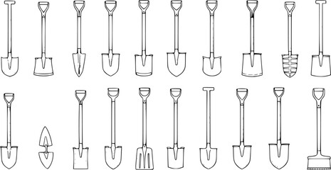 Collection of 20 diverse shovel and spade types, presented as black and white line art illustrations, suitable for gardening, digging, and construction concepts. © torabutterfly