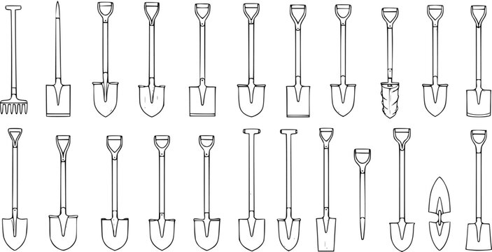 Detailed collection of various garden and construction shovels, spades, a rake, and a post-hole digger in a monochrome hand-drawn line art illustration.