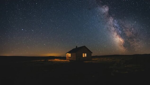Una casa solitaria junto al mar al atardecer bajo un cielo lleno de nubes y estrellas rodeada de naturaleza tranquila