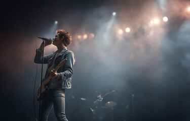Obraz premium A young musician passionately performing on stage with his electric guitar