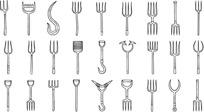 A comprehensive collection of diverse and unique hand-drawn fork designs, featuring various kitchen utensils, gardening tools, and unconventional implements in black and white outline.