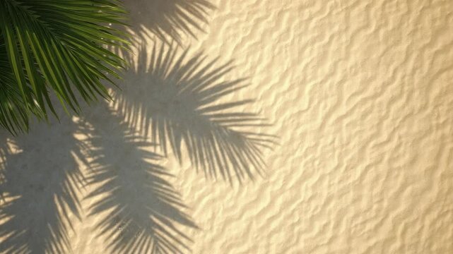 Summer beach day scene with tropical palms shadow on sand background. Minimal sunlight tropical flat lay arrangement..