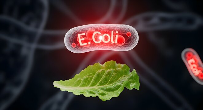 A digital illustration of E. coli bacteria and a leaf of lettuce on a dark background with DNA strands