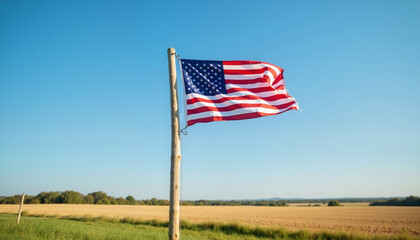 Fototapeta premium American flag waving over rural farmland under clear blue sky, patriotism