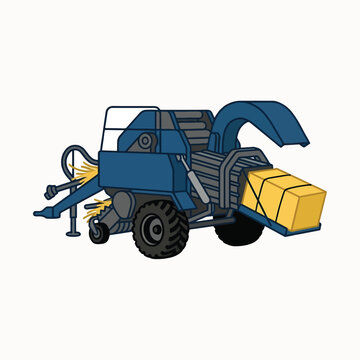 A blue and yellow cartoon illustration of a baler creating square hay bales.