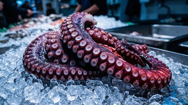 Detailed fresh raw octopus tentacles with deep purple hues and suction cups rest on crystal-clear crushed ice inside a fish market stall.