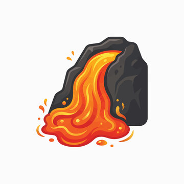 A stylized illustration of black volcanic rock with bright orange and yellow lava flowing out and splashing.