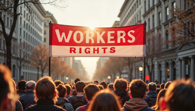 Workers marching for rights in city square, solidarity and advocacy