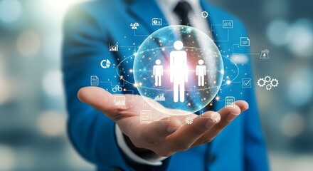 Fototapeta premium Businessman holding glowing sphere with people icons and network connections