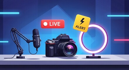 Naklejka premium Professional Live Stream Broadcast Setup with Alert Notification and Neon Lights for Online Content Creation