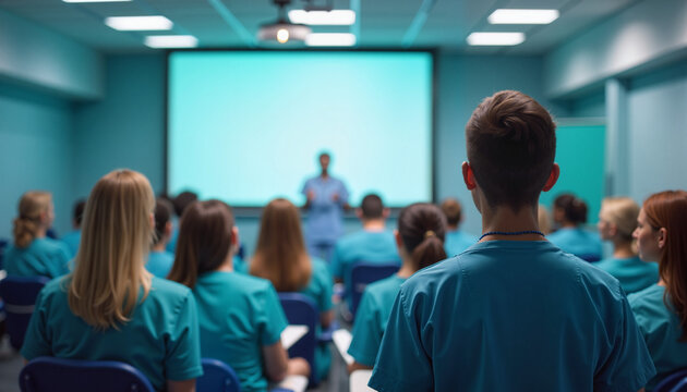 Nurses engaged in educational seminar in hospital conference room, learning