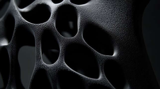 Dark organic lattice with porous, cellular texture and fluid geometric patterns, evoking biomimicry, advanced materials and futuristic architectural or technological surfaces