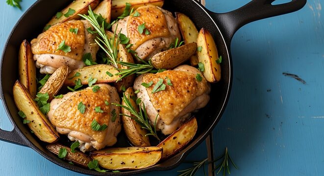 Delicious roasted chicken thighs with potatoes and herbs in a cast iron skillet on a blue wooden table