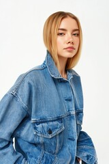 Fototapeta premium Young woman wearing denim jacket close up studio portrait
