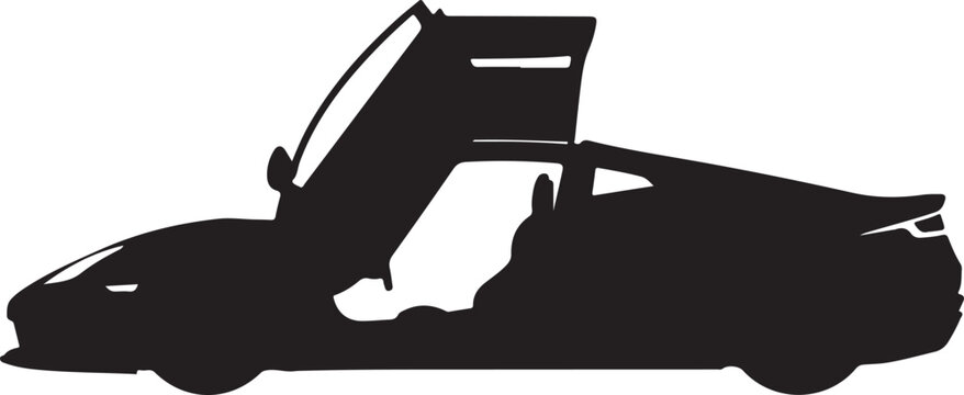 Black silhouette sports car, side view, gull-wing doors, vector illustration, automotive design element