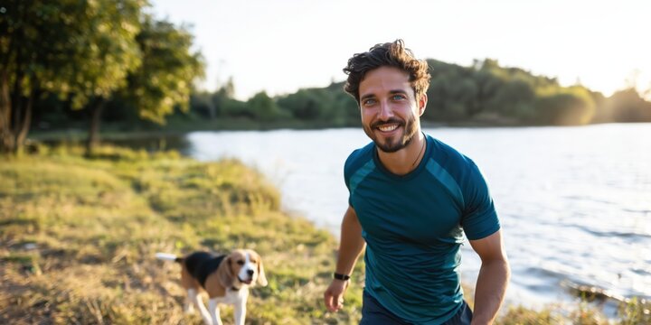 Man jogging with dog along lakeside path at sunset