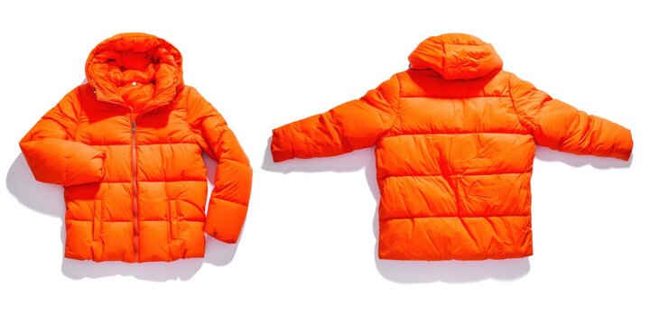 Orange puffer jacket laid flat front and back studio white background