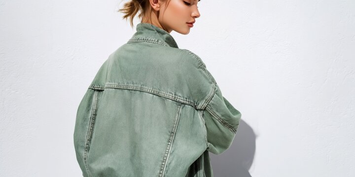 Female model wearing green denim jacket turned showing back