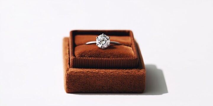 Solitaire diamond ring showcased in brown velvet presentation box