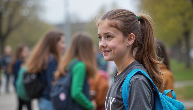 Joyful teen smiling amongst peers in schoolyard, embracing positivity