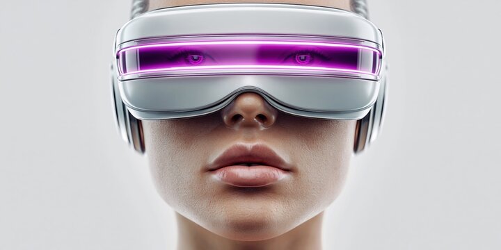 Futuristic robot woman with glowing purple VR headset and intense eyes