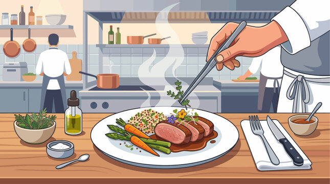 A chef meticulously garnishes a gourmet dish with fresh herbs and edible flowers in a professional kitchen, highlighting culinary art and fine dining.