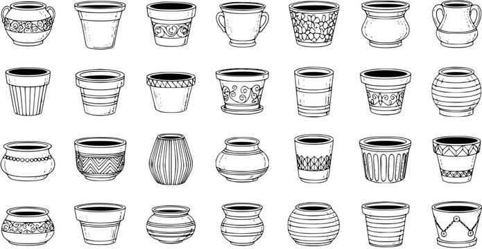 Hand-drawn collection of diverse empty plant pots and flower planters in various styles. Black and white doodle art set for gardening, home decor, and craft projects.