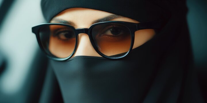 Close-up portrait of a woman wearing a niqab and stylish sunglasses