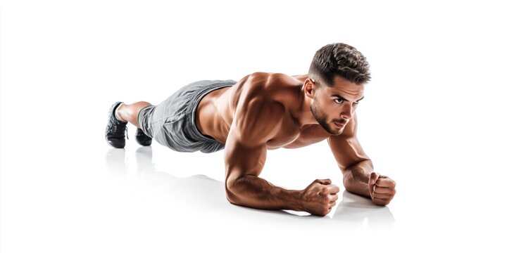 Muscular man performing an intense plank exercise on a white background