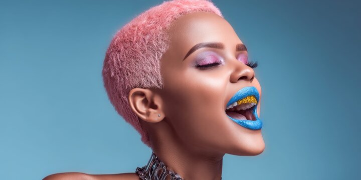 Vibrant woman with pink hair and bold blue lipstick, showing off gold grillz