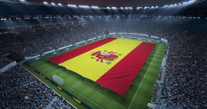 Professional Stadium With Soccer Game Championship With Flag of Spain Spread Across Pitch Before Football Match Start. Cheering Crowds of Fans Fill the Arena for a Stirring Spectacle. Static Wide Shot