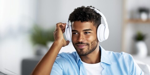 Naklejka premium Young Brazilian man with curly hair wearing white headphones and smiling